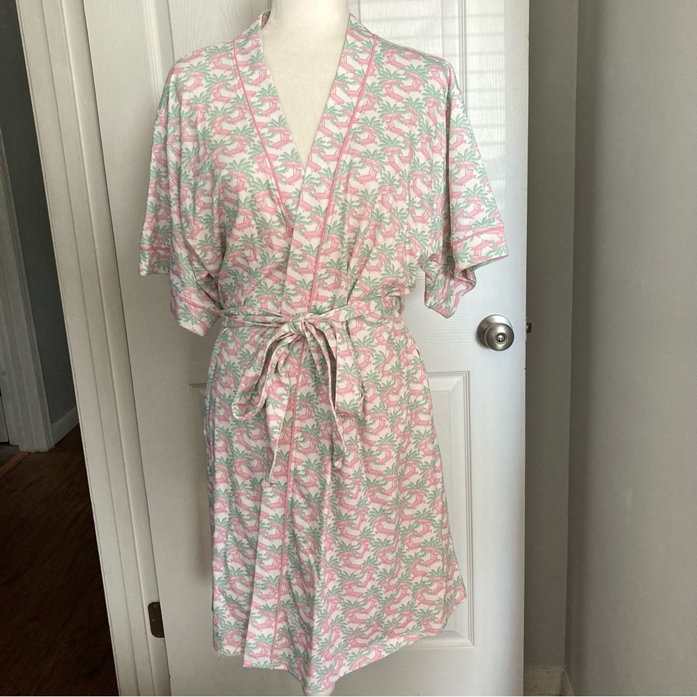 NWOT Lila and Hayes Pima Cotton Poolside Palms Mamie Short Sleeve Spa Wrap Robe